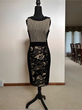 Badgley Mischka Black and Metallic Gold Mixed-Pattern Sheath Midi Dress